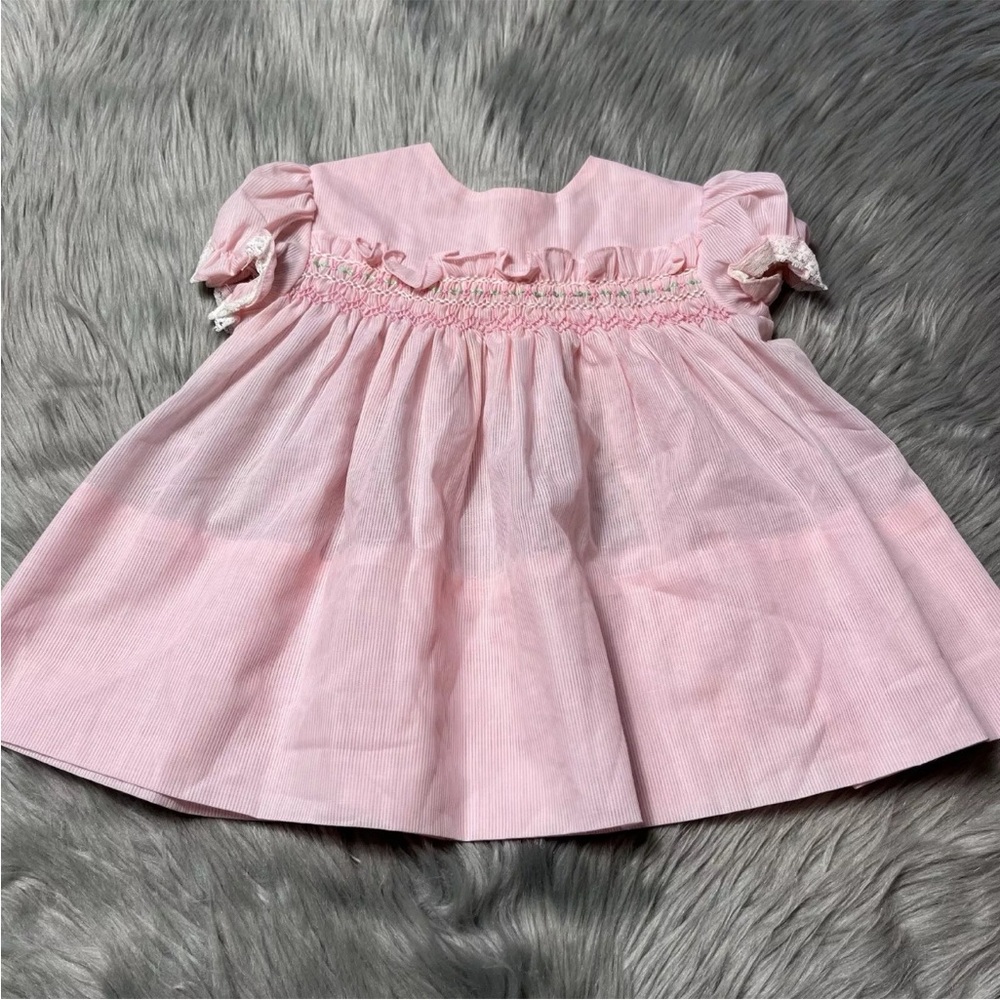 Vintage Polly Flinders Baby Girls Pink Smocked Ruffle Dress